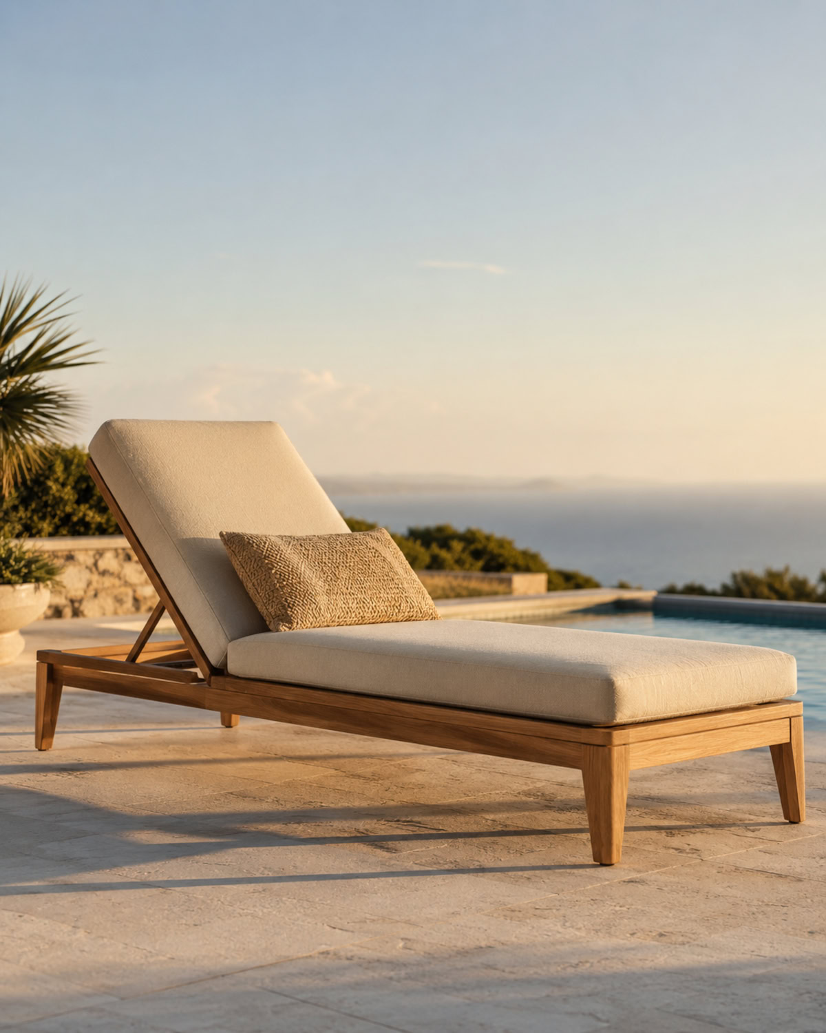 An outdoor chaise lounge reclined low on a sunlit pool deck